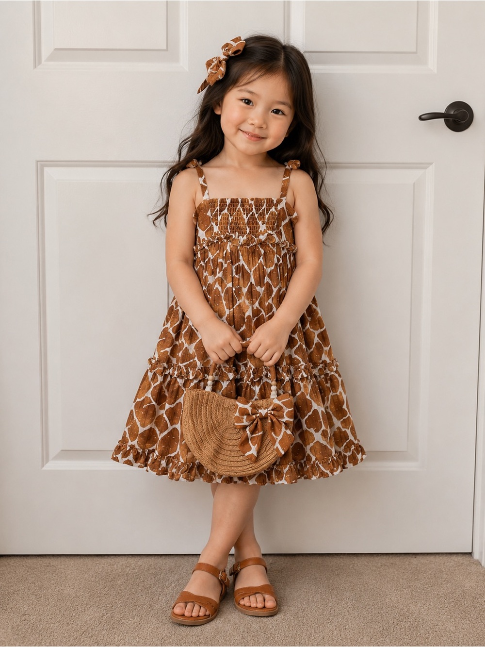 Girls' Brown Giraffe-Print Tiered Sundress with Matching purse